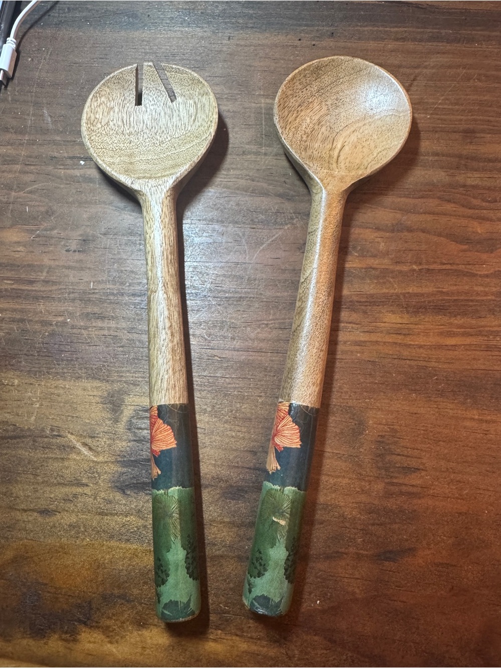 Wooden Salad Serving Spoon Set with Green Floral Handles